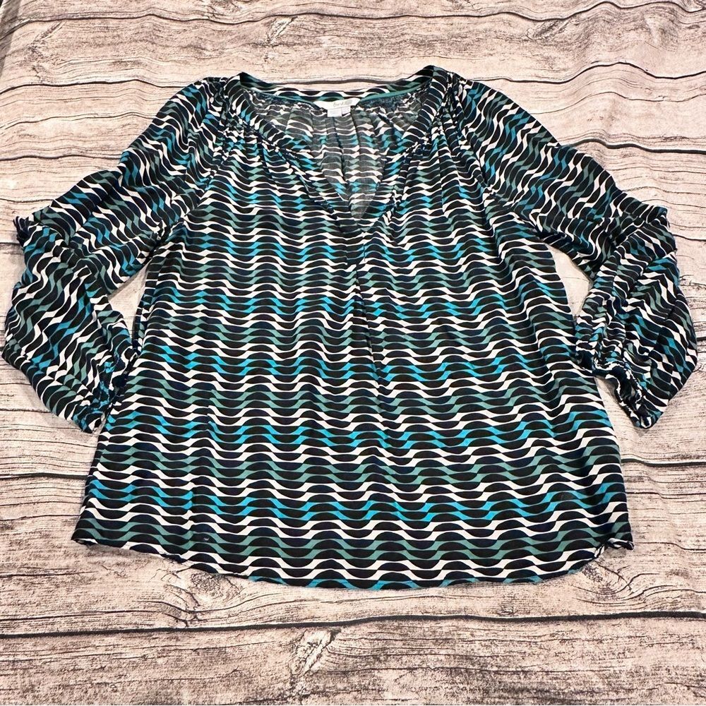 Boden Blue and Black Graphic Print 3/4 Sleeve Viscose Blouse Size 6